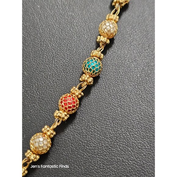Multi-Color Gold Tone Christmas Beaded Necklace With Red Green & White Beads - Picture 5 of 7